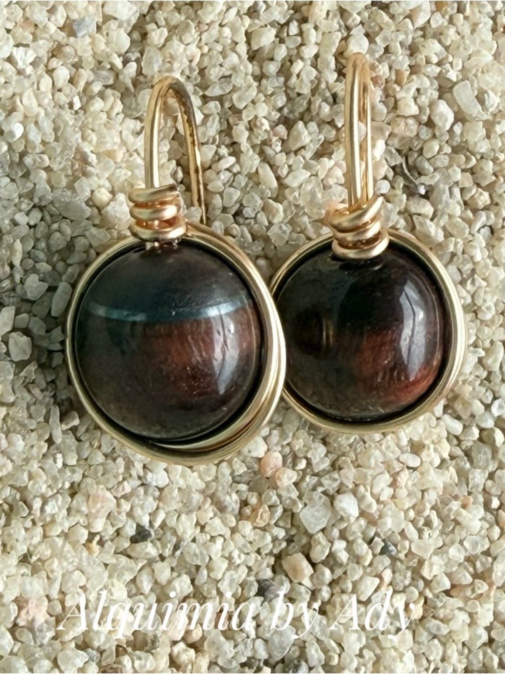Alquimia Gold Wire-Wrapped Dark Brown & Black Tiger Eye Drop Earrings
